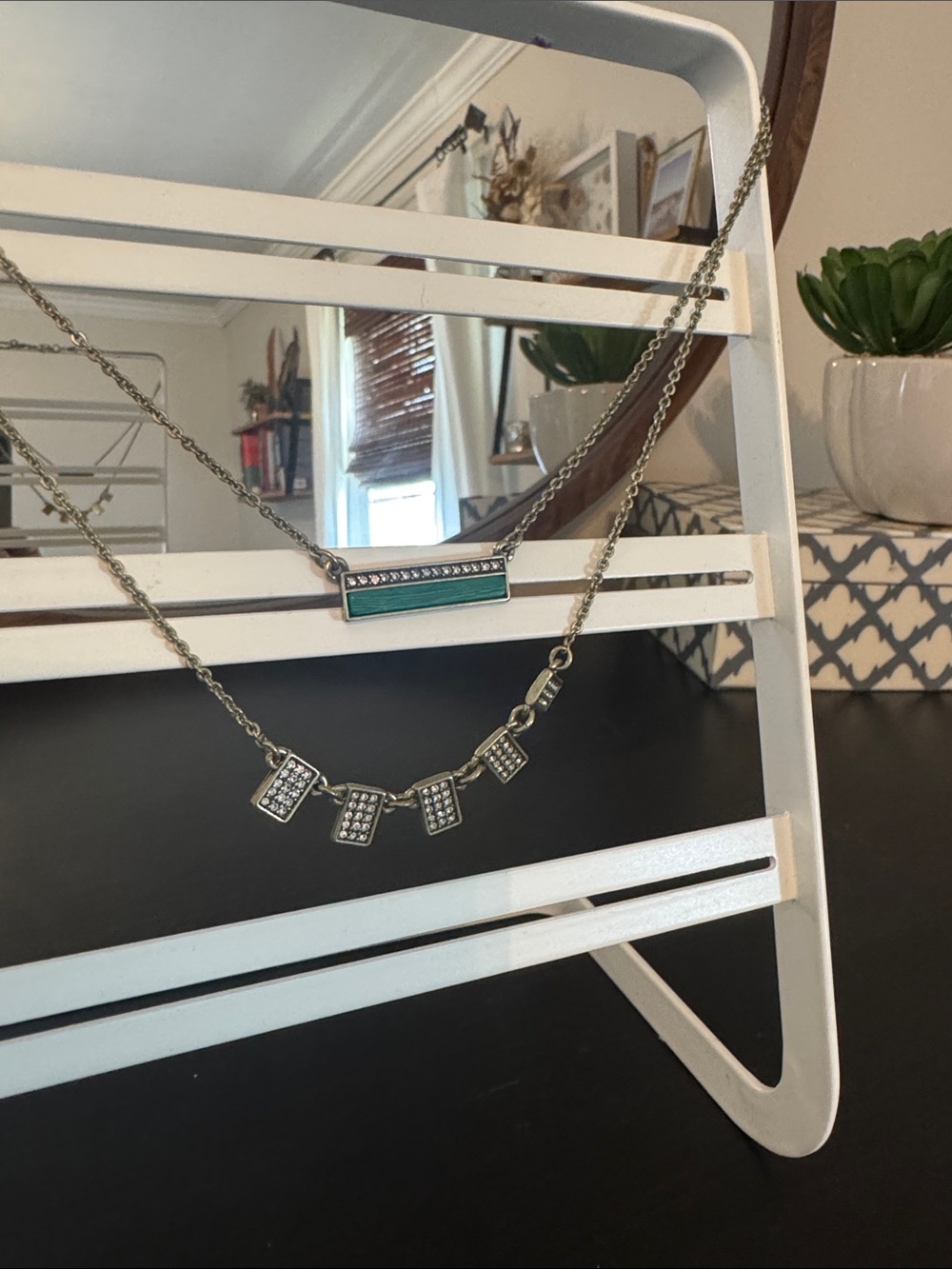 Goldtone Layered Bar & Pavé Pendant Necklace with Green Stone - Chloe + Isabel